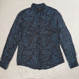 Guess Mens Slim Fit Paisley Floral Long Sleeve Button Down Shirt Black Blue Med
